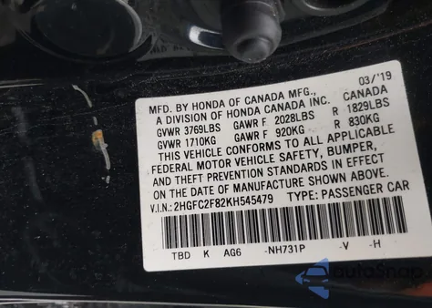 2019 Honda Civic Sport from USA, damaged, VIN 2HGFC2F82KH545479